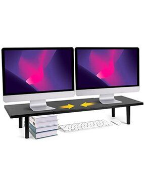 Adjustable Monitor Stand Dual Screen Desk Riser Wood Organizer Shelf